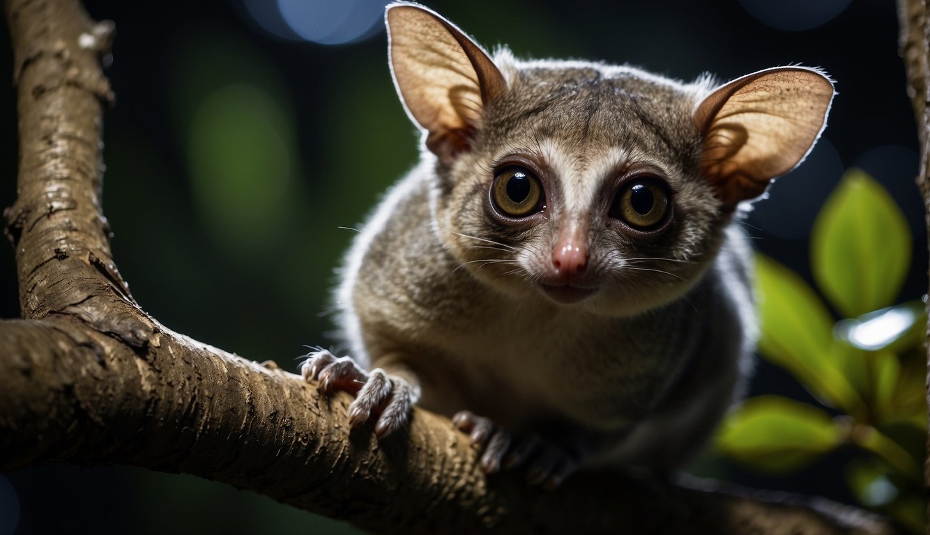 A bushbaby perches on a tree branch, its large eyes gleaming in the moonlight.

The surrounding flora and fauna create a lush, vibrant backdrop