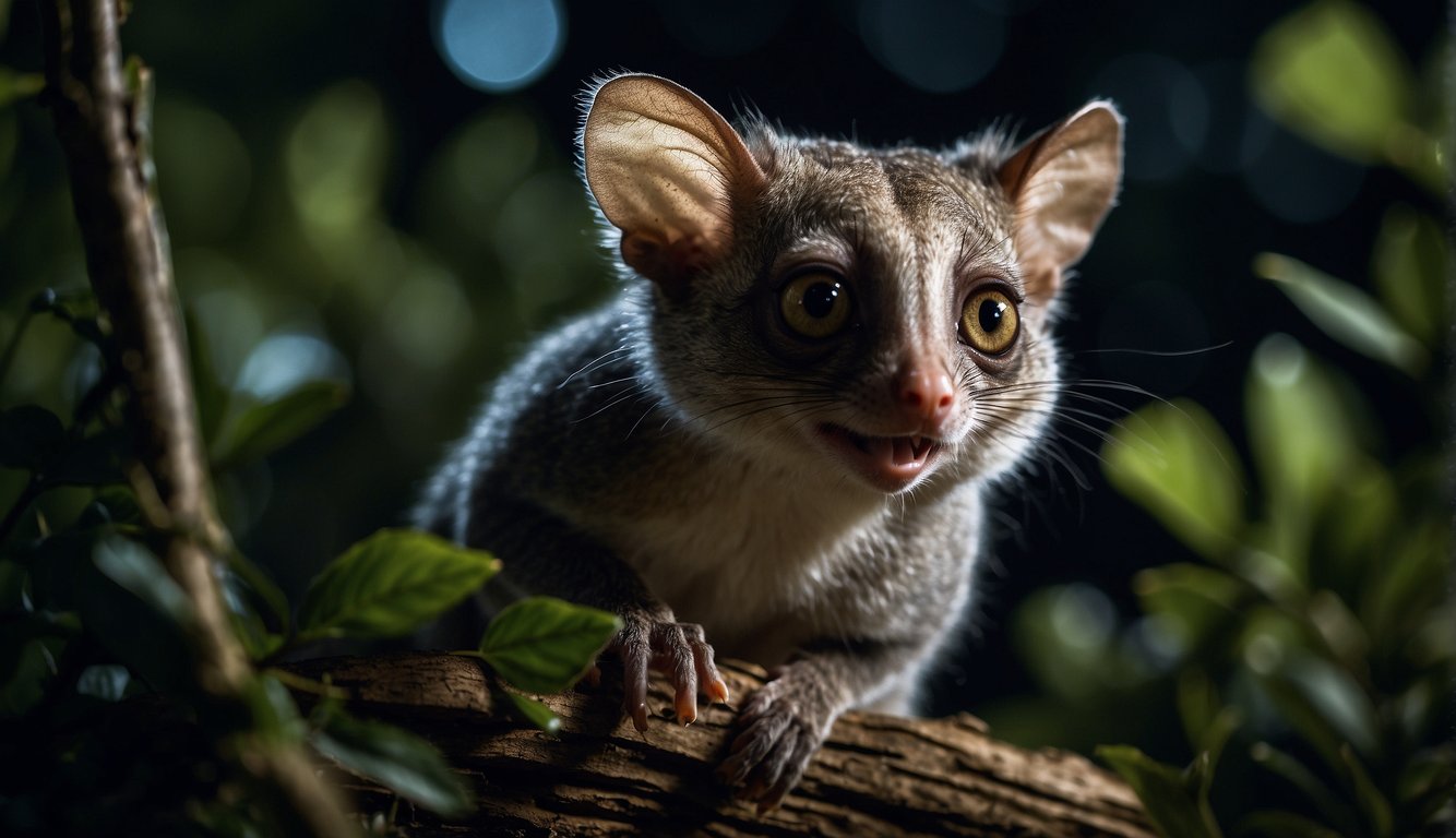 A mischievous bushbaby leaps through the African night, its glowing eyes and fluffy tail creating an enchanting spectacle.

The moonlight illuminates the surrounding foliage, casting a magical glow over the scene