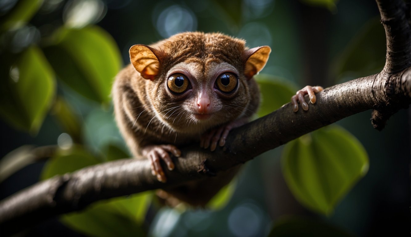 A tarsier perched on a tree branch, its large eyes fixed on a small insect in the darkness of the jungle