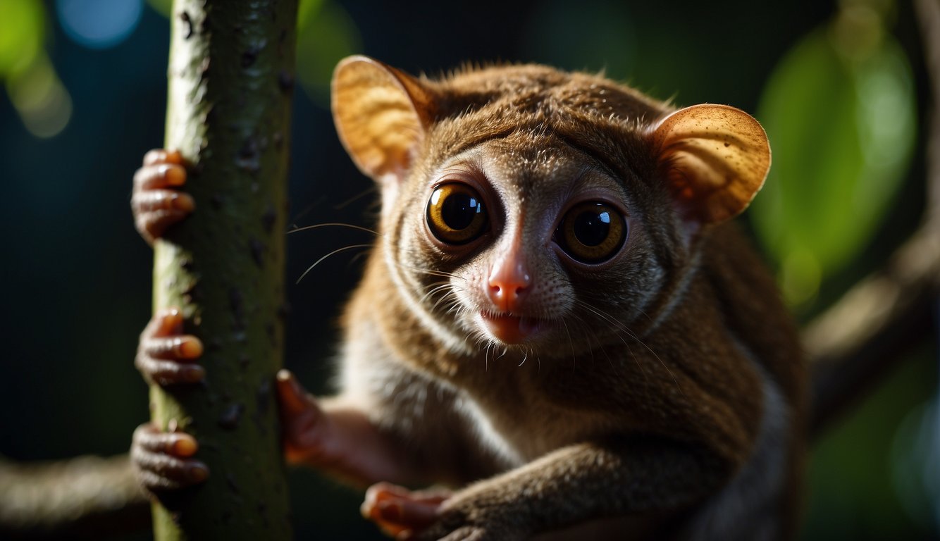 A tarsier clings to a tree branch, its large eyes wide open in the darkness, while insects buzz around in the moonlit jungle