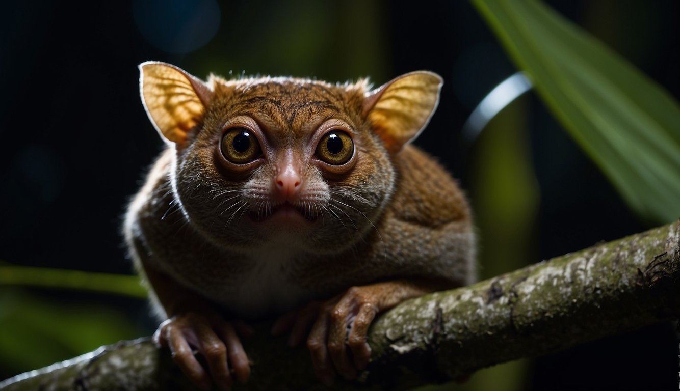 A tarsier perches on a tree branch, its large round eyes scanning the dark jungle.

The moonlight casts a glow on its small, agile body as it prepares to hunt for prey in the night