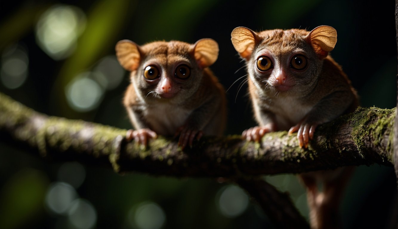A tarsier perches on a tree branch, its large eyes gleaming in the darkness as it hunts for prey in the nighttime jungle