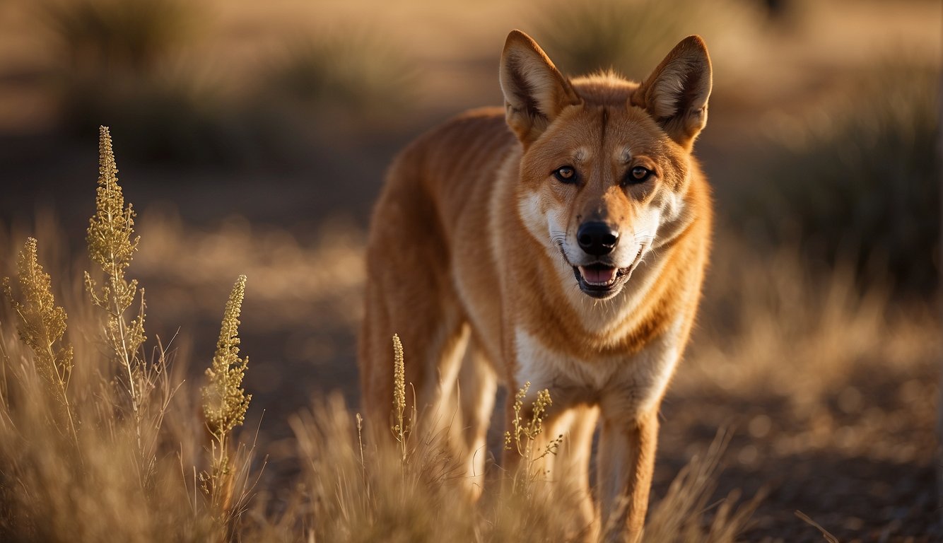 A dingo prowls through the Australian outback, its golden fur blending with the dry grass.

Ears perked, it scans the horizon for prey