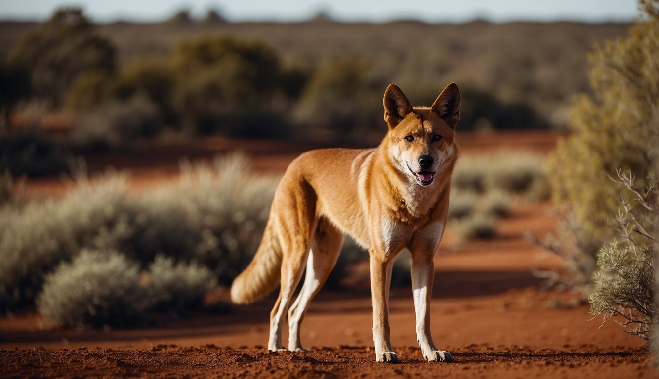 A wild dingo prowls through the Australian outback, surrounded by red dirt, sparse vegetation, and a vast open sky