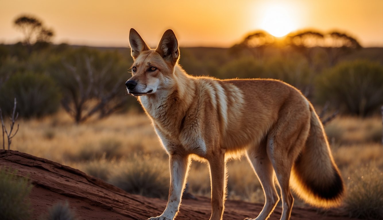 A dingo prowls through the Australian outback, its eyes fixed on a group of kangaroos grazing in the distance.

The setting sun casts a warm glow over the rugged landscape as the dingo prepares to hunt for its next meal