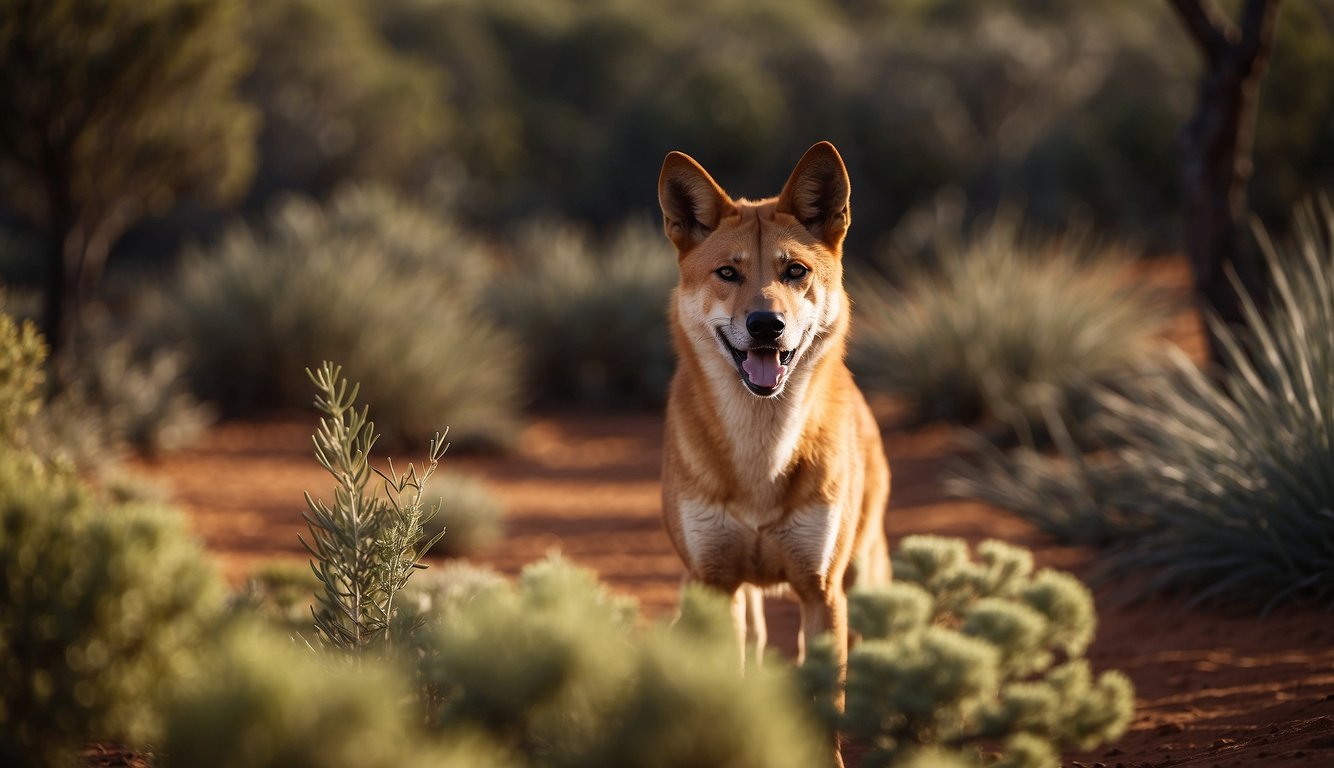 A dingo prowls through the Australian outback, surrounded by native flora and fauna.

Its keen eyes and agile movements capture the essence of its wild and untamed nature