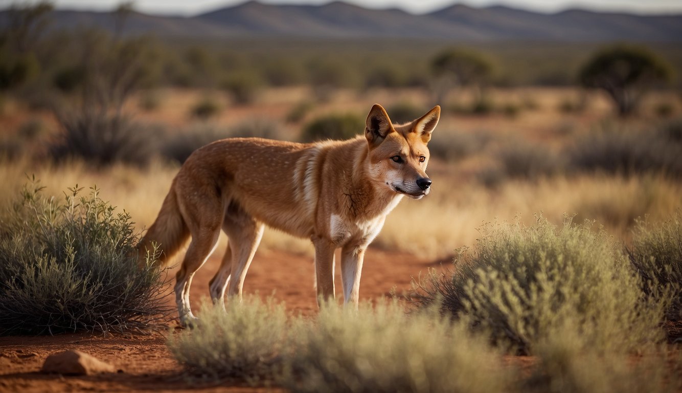 A dingo prowls through the Australian outback, ears alert and eyes focused.

The rugged landscape stretches out behind, with sparse vegetation and rolling hills