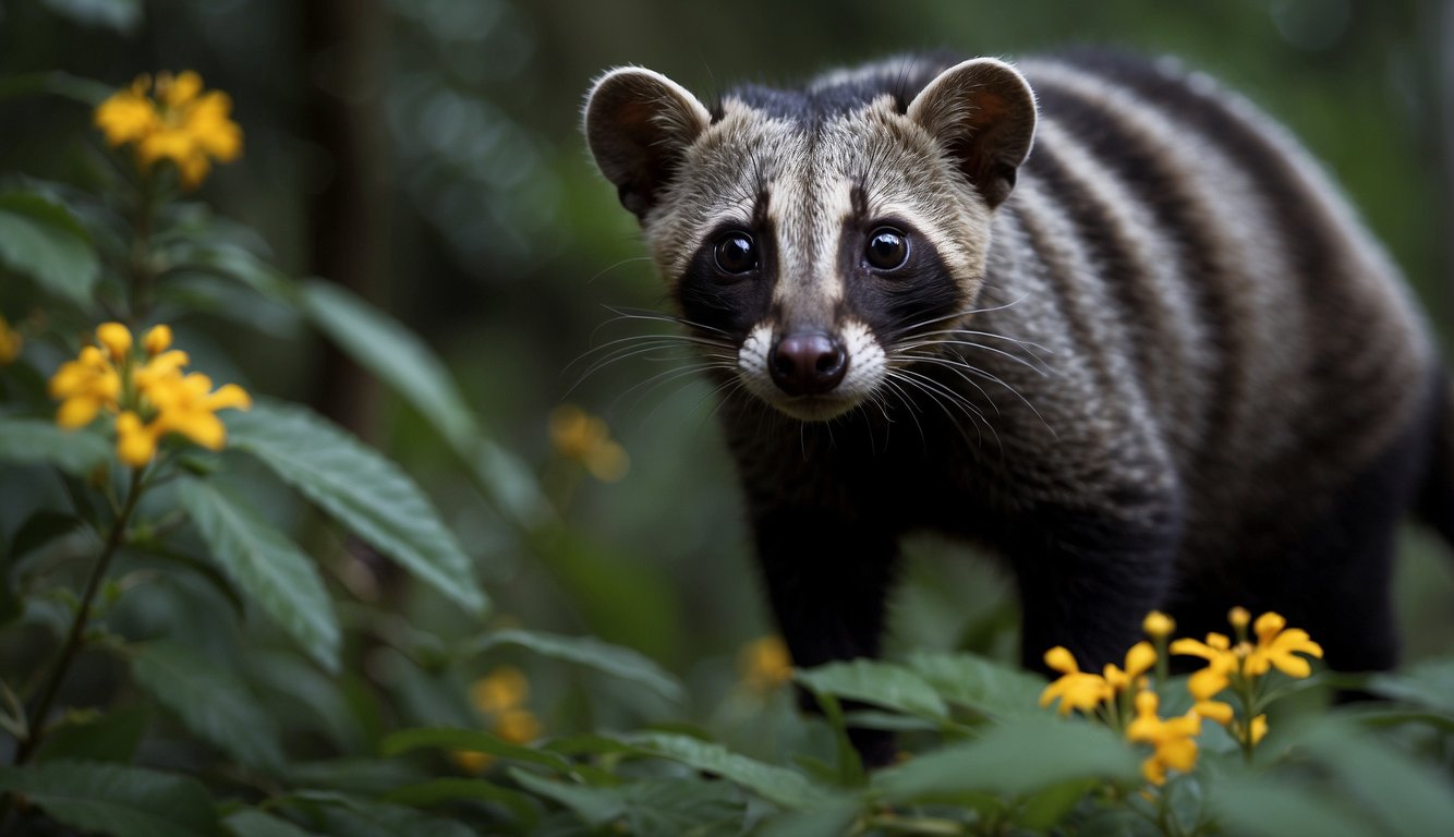 A civet prowls through the dense forest, its sleek body blending into the shadows.

It pauses to sniff at a cluster of flowers, its keen sense of smell detecting the perfect ingredients for its signature scent