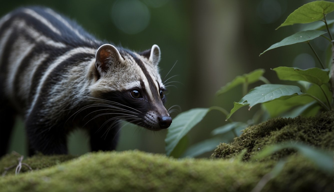 A civet prowls through the dense forest, its sleek body moving stealthily as it searches for food.

It raises its tail and sprays a musky scent to mark its territory, leaving a lingering trail in the air