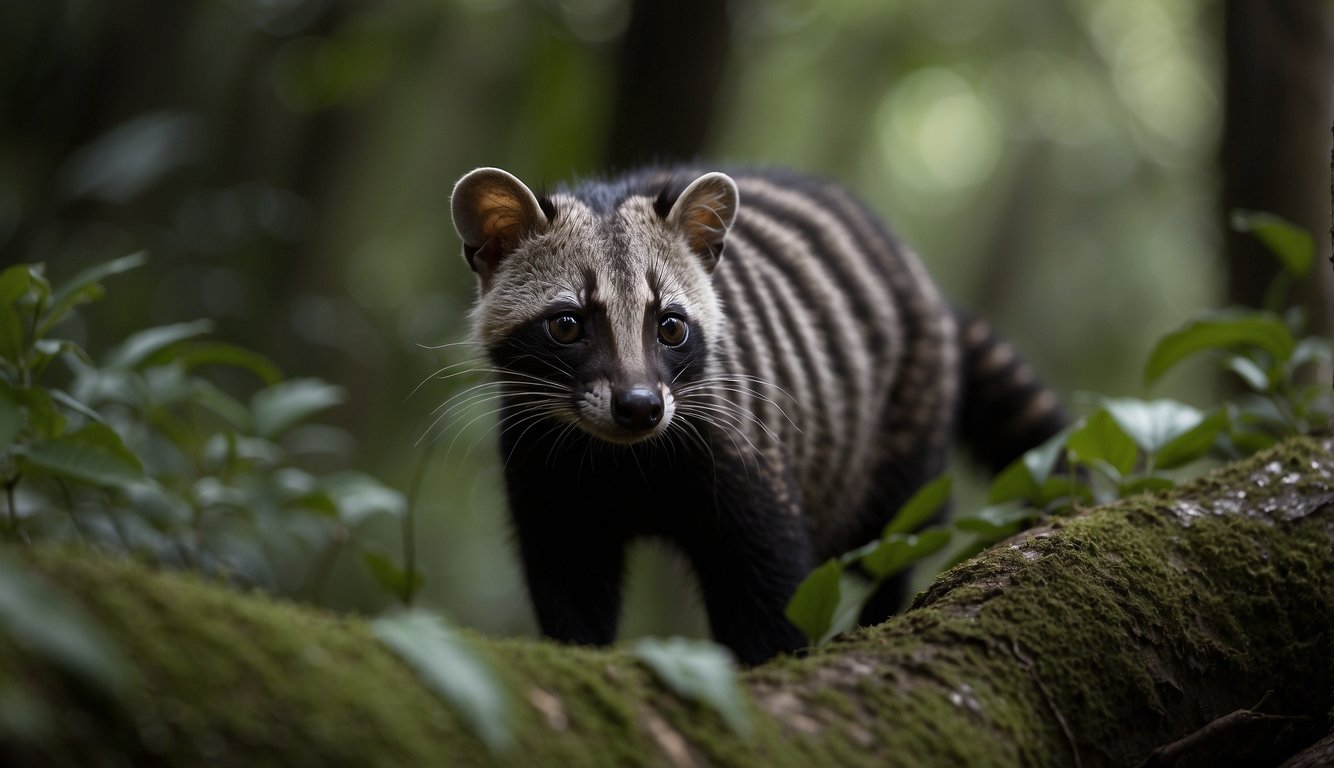 A civet prowls through the dense forest, its sleek fur blending into the shadows.

It pauses to mark its territory with a musky scent, the air filled with the earthy aroma of its secretions