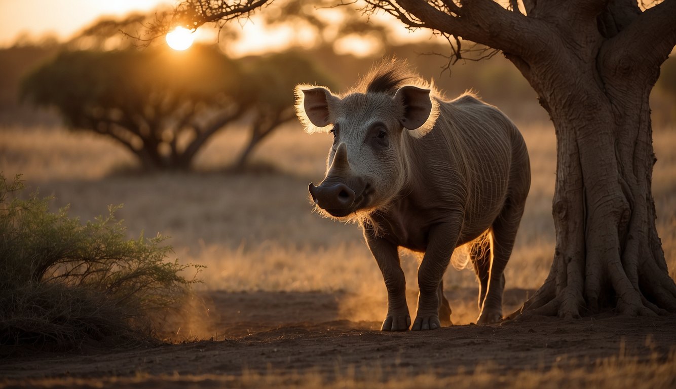 A warthog forages for food in the savannah, its tusked snout rooting through the earth.

The sun sets behind a baobab tree, casting long shadows