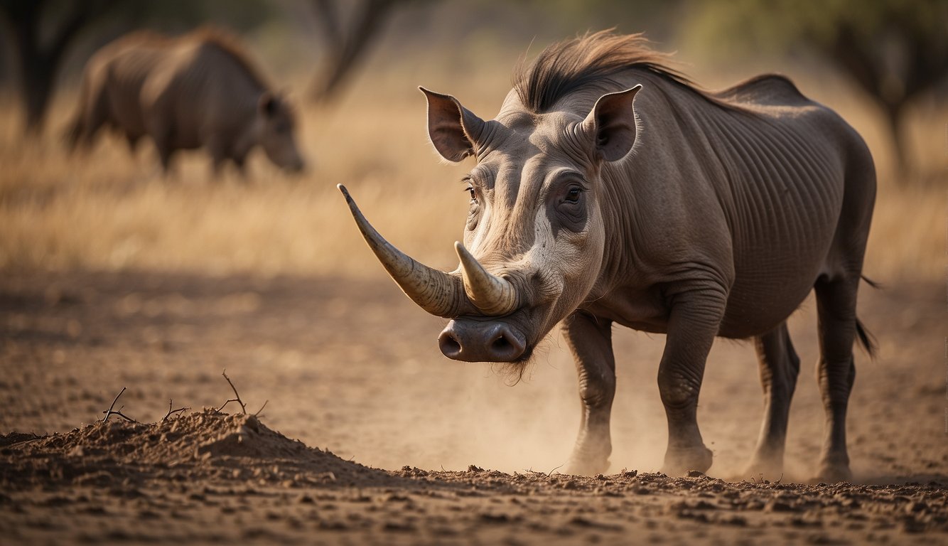 The warthog forages for roots in the dry savannah, its tusked snout rooting through the dusty soil.

It pauses to sniff the air, ears perked for danger