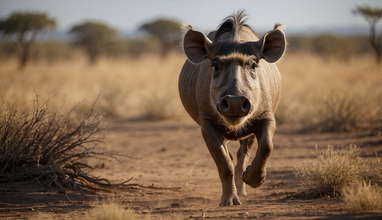 A warthog navigates through the dry savanna, searching for food and water while keeping a watchful eye out for predators