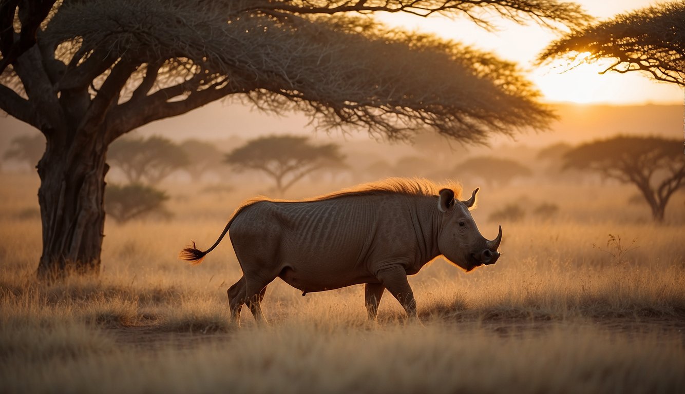 A warthog wanders through the African savanna, its tusked snout snuffling for food.

Acacia trees dot the landscape as the sun sets in the distance