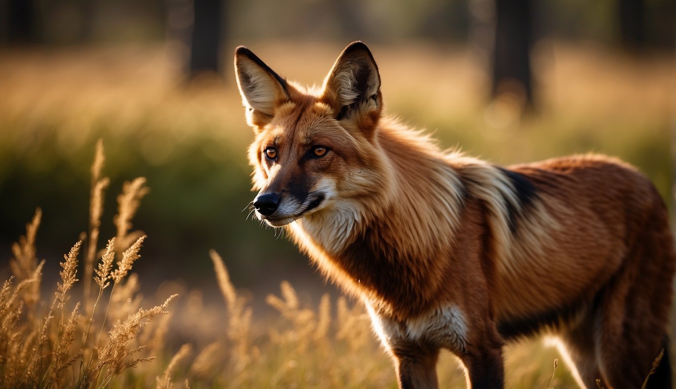 A majestic maned wolf stands tall amidst the golden grass of the Brazilian savanna, its red fur glowing in the warm sunlight as it gazes into the distance with an air of mystery and grace