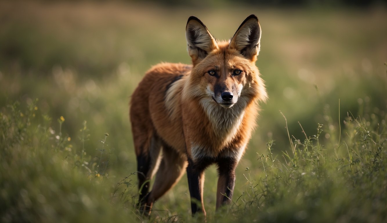 The maned wolf prowls through the grassy savanna, its long legs propelling it forward as it searches for prey.

Its keen eyes scan the horizon, alert for any movement