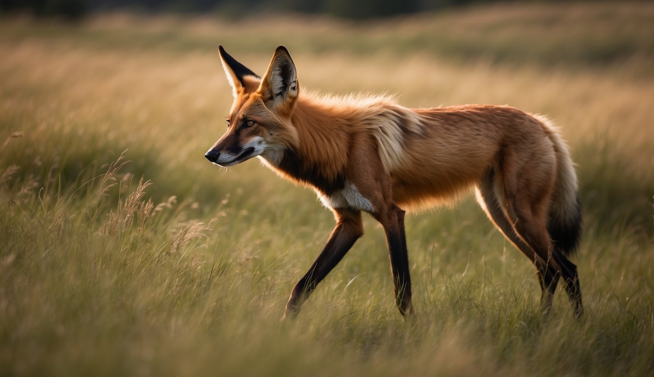 A maned wolf prowls through the grasslands, its long legs and red fur blending into the landscape.

It pauses to sniff the air, its large ears perked up, before continuing on its solitary journey