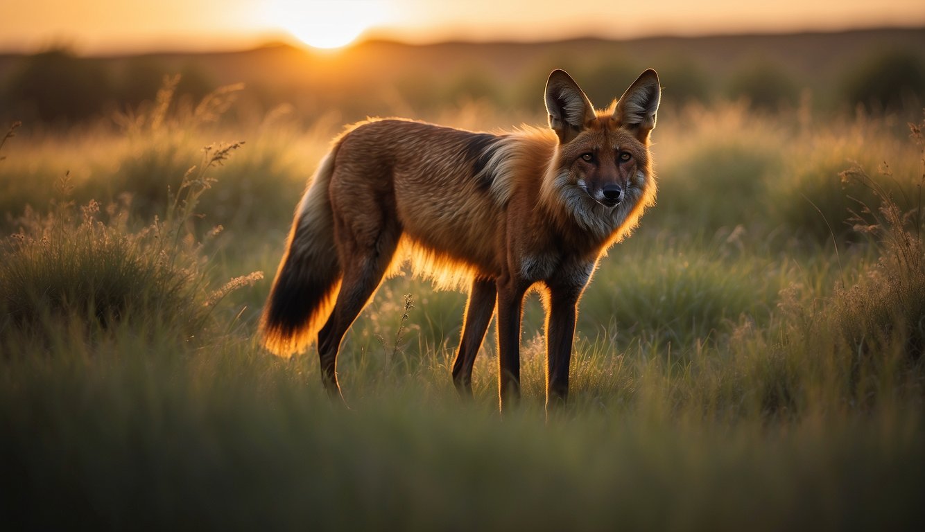 A maned wolf roams through the grassy savanna, its long legs gracefully carrying its slender body.

The setting sun casts a warm glow on its red fur, highlighting the majestic creature's beauty