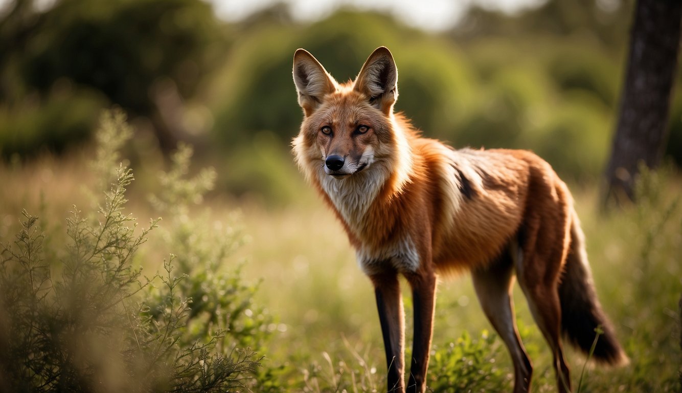 A majestic maned wolf stands tall in a lush, open savanna, its distinctive red fur glowing in the sunlight.

The wolf's large ears perk up as it gazes into the distance, exuding an air of mystery and grace