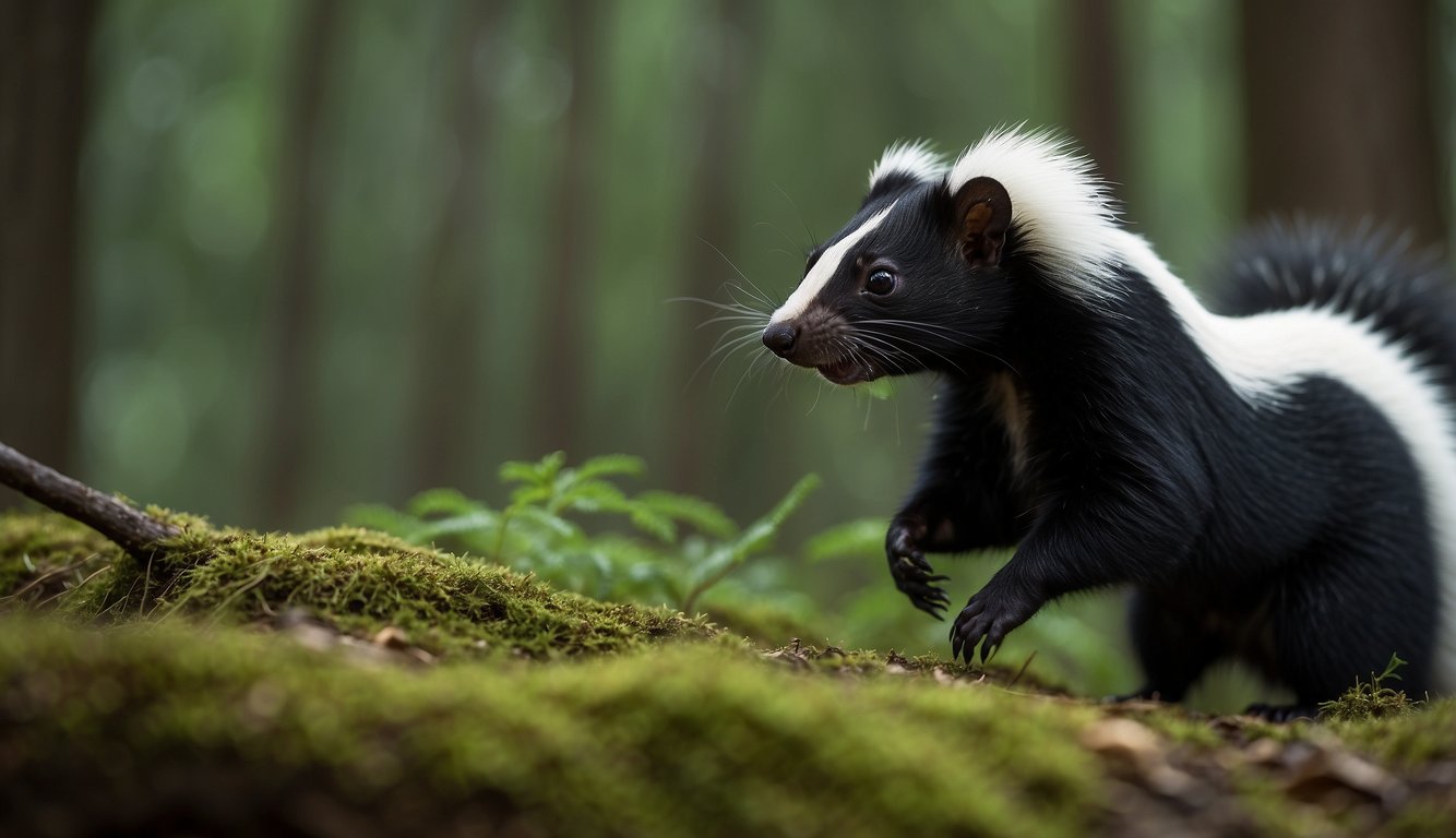 A skunk stands proudly, tail raised, releasing a pungent spray to defend against a predator in a forest clearing