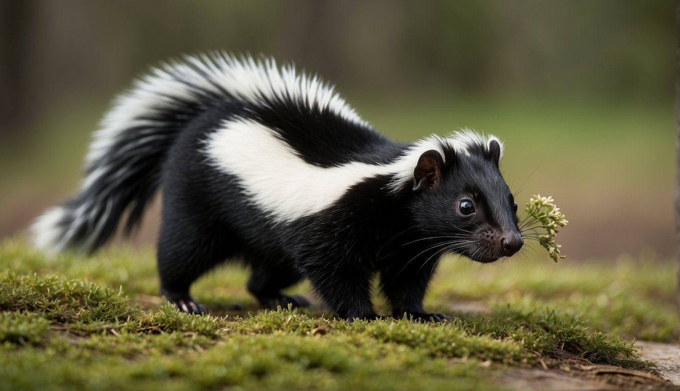 A skunk raises its tail, releasing a pungent spray.

The odor fills the air, warding off potential threats. The skunk stands proudly, defending itself with its powerful defense mechanism