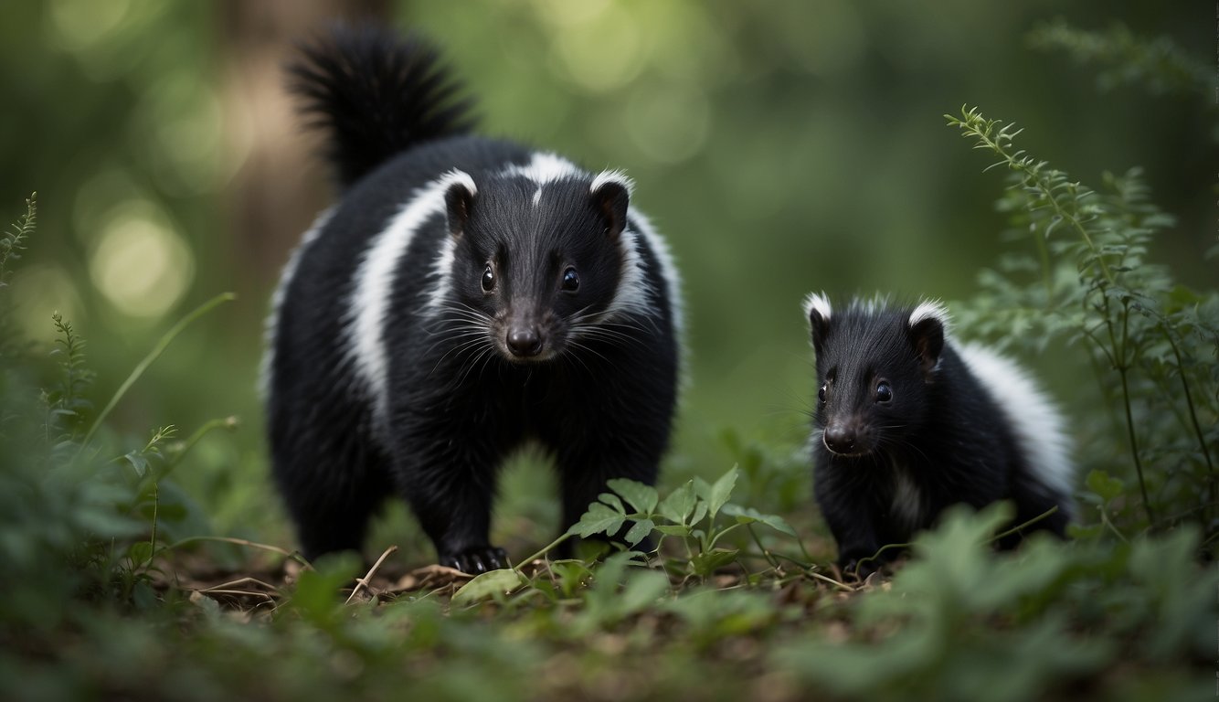 A skunk family patrols the forest at dusk, their distinctive black and white fur standing out against the green foliage.

The adult skunks raise their tails in warning, emitting a pungent odor to ward off potential threats