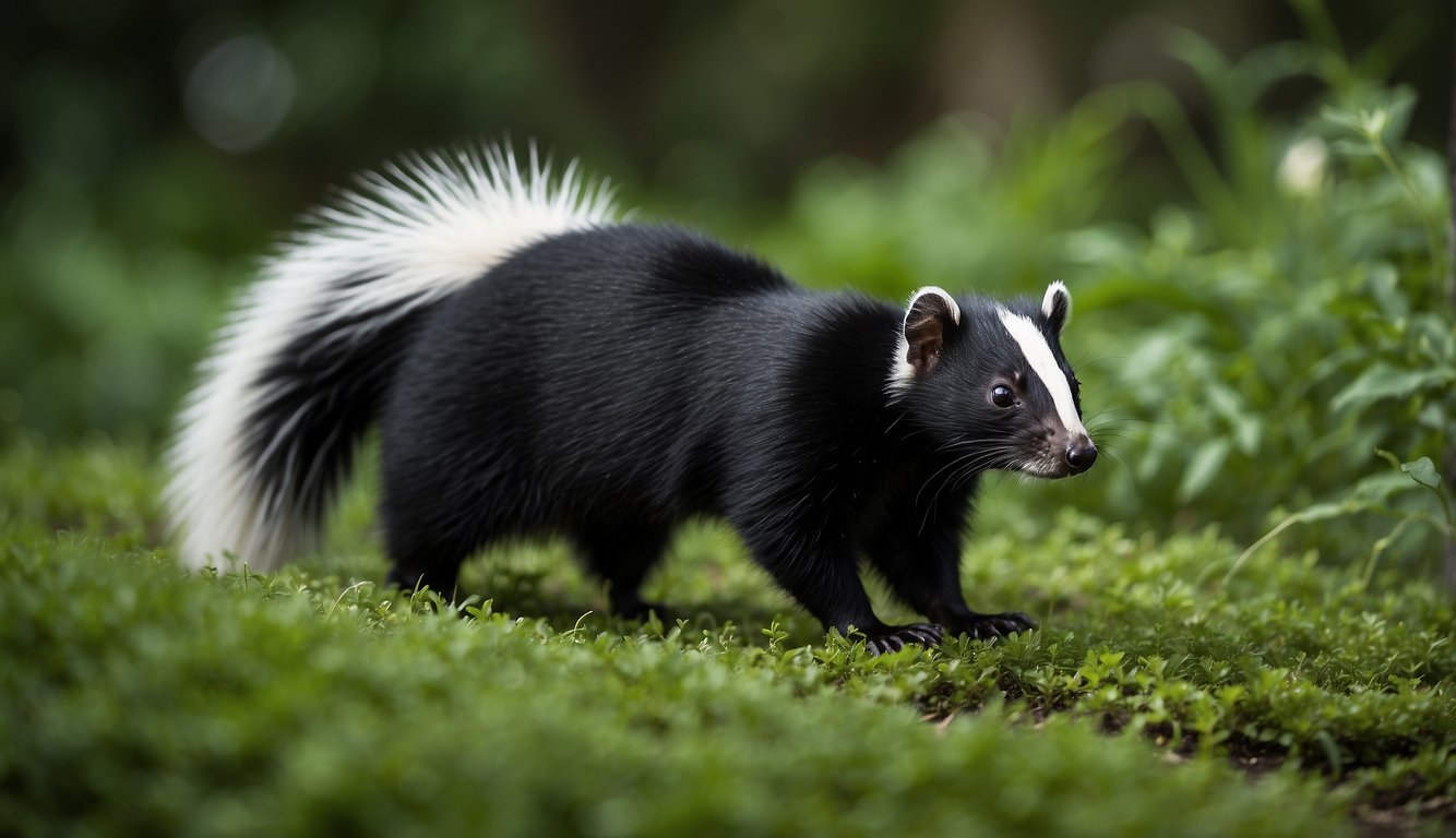 A skunk raises its tail, releasing a pungent spray as a predator approaches.

The distinctive black and white fur stands out against the green foliage