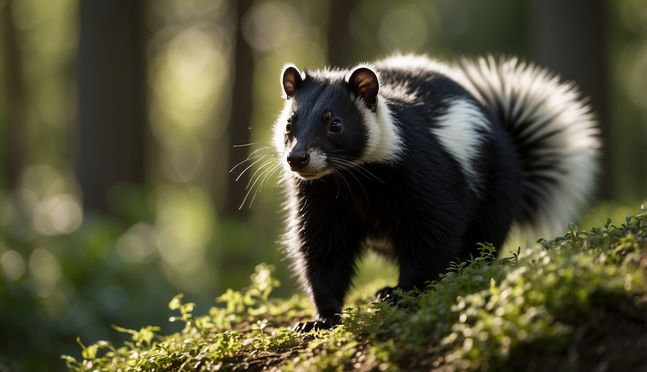 A skunk stands proudly, tail raised and ready to defend, amidst a lush forest backdrop.

Its distinctive black and white fur glistens in the sunlight, as it emits a warning hiss to potential threats