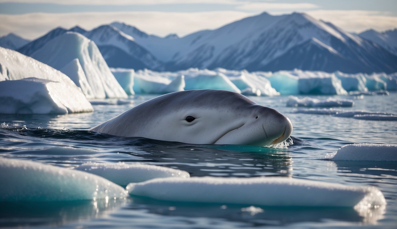 A beluga whale swims gracefully through the icy waters of the Arctic, surrounded by shimmering icebergs and snow-capped mountains.

The sunlight glistens on the whale's smooth, white skin as it gracefully moves through the frigid waters