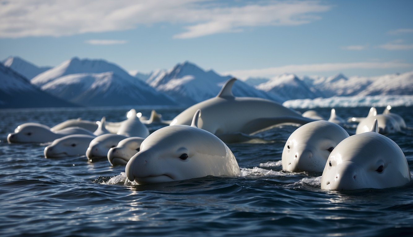 A pod of beluga whales swims gracefully through the icy waters of the Arctic, their sleek white bodies contrasting against the deep blue sea.

Snow-capped mountains loom in the distance as the whales navigate their migration route