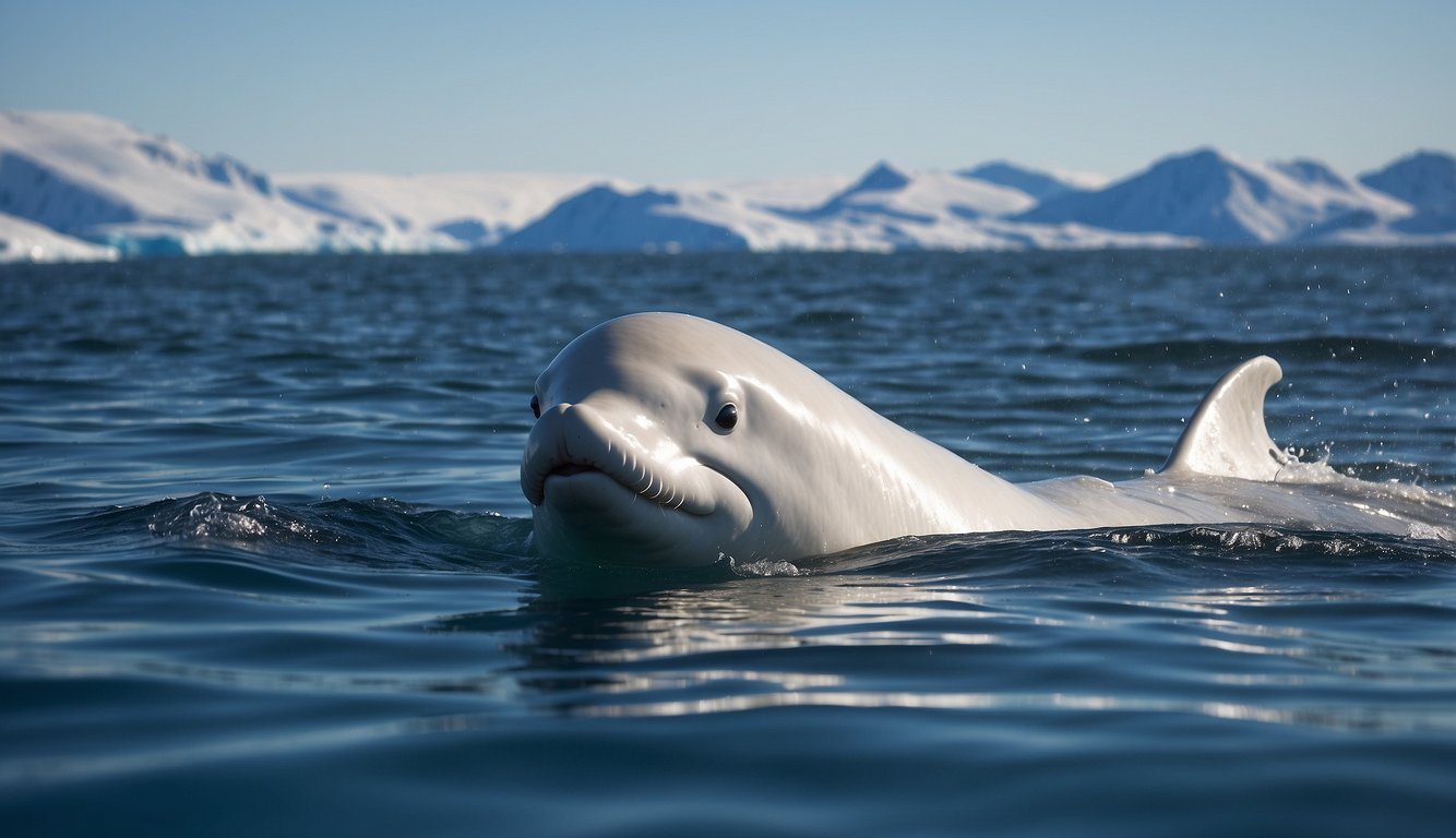 A beluga whale hunts for fish in the icy waters of the Arctic, its sleek white body gliding effortlessly through the crystal-clear depths