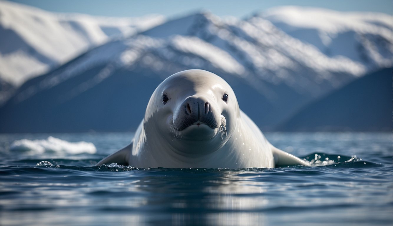 A beluga whale swims gracefully through the icy waters of the Arctic, its sleek white body contrasting against the deep blue sea.

Snow-capped mountains loom in the background, creating a stunning and serene scene