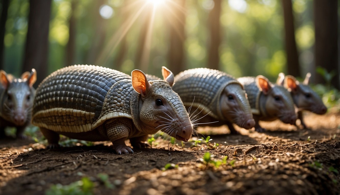 A group of armadillos scurry through a dense forest, their armored shells glistening in the sunlight.

They dig for insects and roll into balls for protection