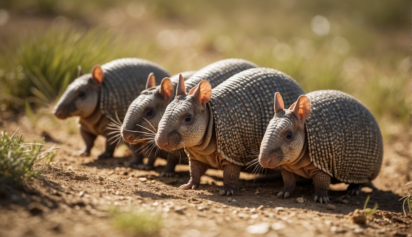 A group of armadillos forages for food in a dry, grassy landscape.

Their unique armored shells glisten in the sunlight as they dig and scurry about