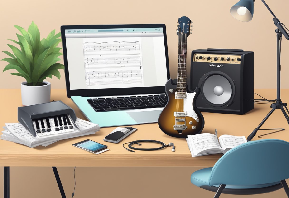 A guitar resting on a stand, surrounded by music sheets and a metronome, with a computer displaying online guitar lessons