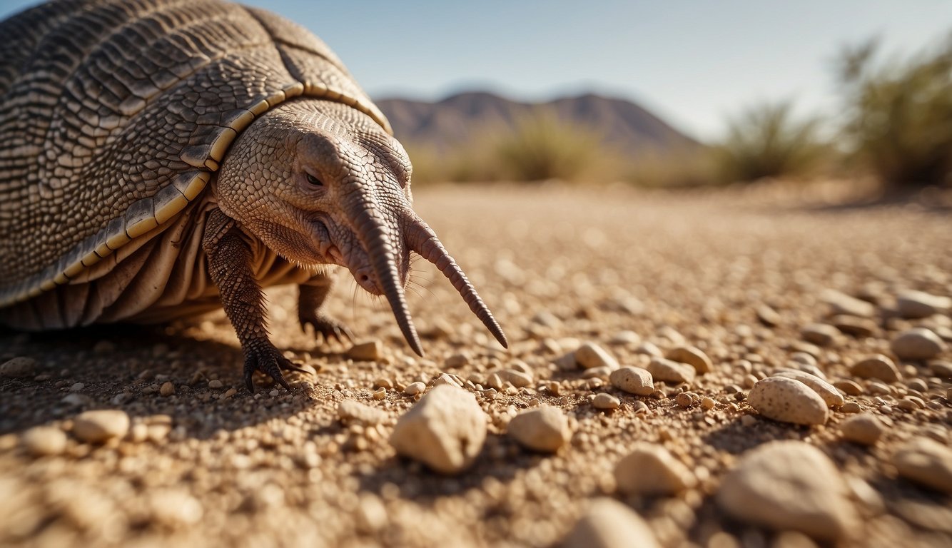 An armadillo scurries through a dry, desert landscape, its armored shell glistening in the sun.

It digs for insects and roots, its sharp claws and long snout visible as it forages