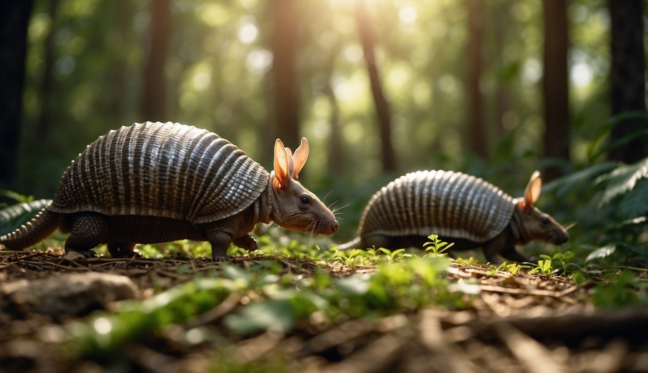 A group of armadillos roam through a lush forest, their armored shells glistening in the sunlight.

They navigate through the underbrush, leaving a trail of flattened foliage in their wake