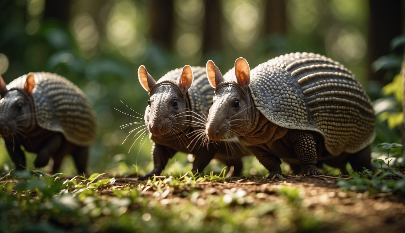 A group of armadillos roam through a lush forest, their armored shells glinting in the sunlight as they forage for food and explore their natural habitat