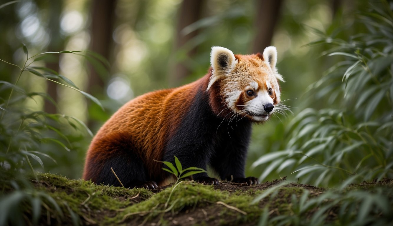 A red panda strolls through a bamboo forest on a peaceful mountain, munching on leaves with a gentle expression