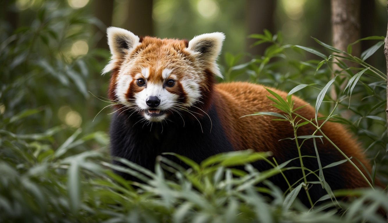 A red panda gracefully navigates through the lush bamboo forest on Grandfather Mountain, pausing to nibble on the tender leaves