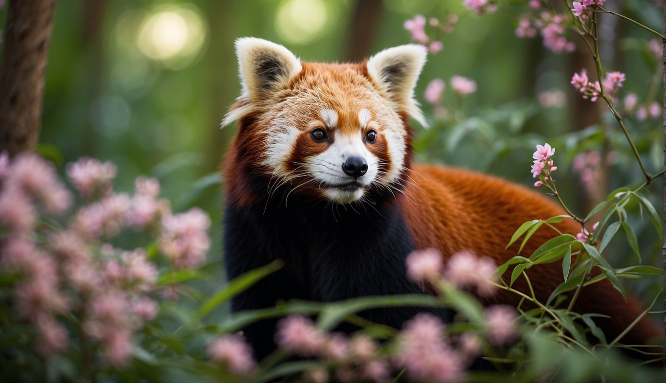 A red panda sits among lush bamboo, nestled in the branches of a mountain forest, surrounded by vibrant greenery and delicate pink blossoms