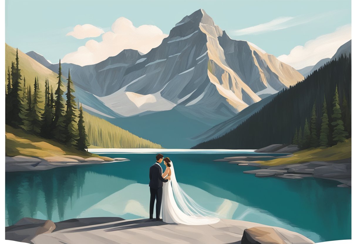 A couple stands in a picturesque spot in Banff, surrounded by mountains and a serene lake. They appear to be exchanging vows, with a sense of intimacy and love in the air