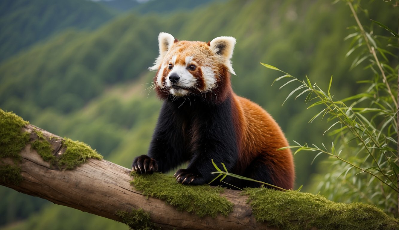 A red panda peacefully munches on bamboo amid the serene mountain landscape, surrounded by colorful seasonal wonders
