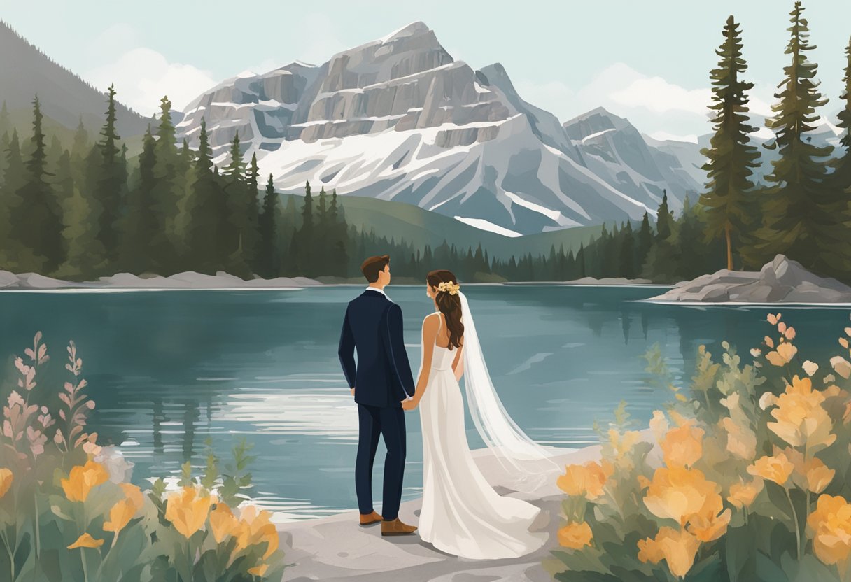 A couple stands in a picturesque Banff elopement location, surrounded by stunning mountain views and serene natural beauty. The Ontario natives contemplate their top 20 questions as they choose the perfect spot for their special day
