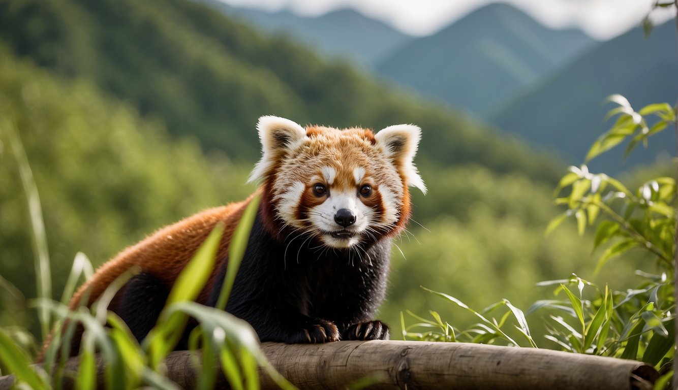 A red panda peacefully munches on bamboo amidst a serene mountain landscape, surrounded by lush greenery and a tranquil atmosphere