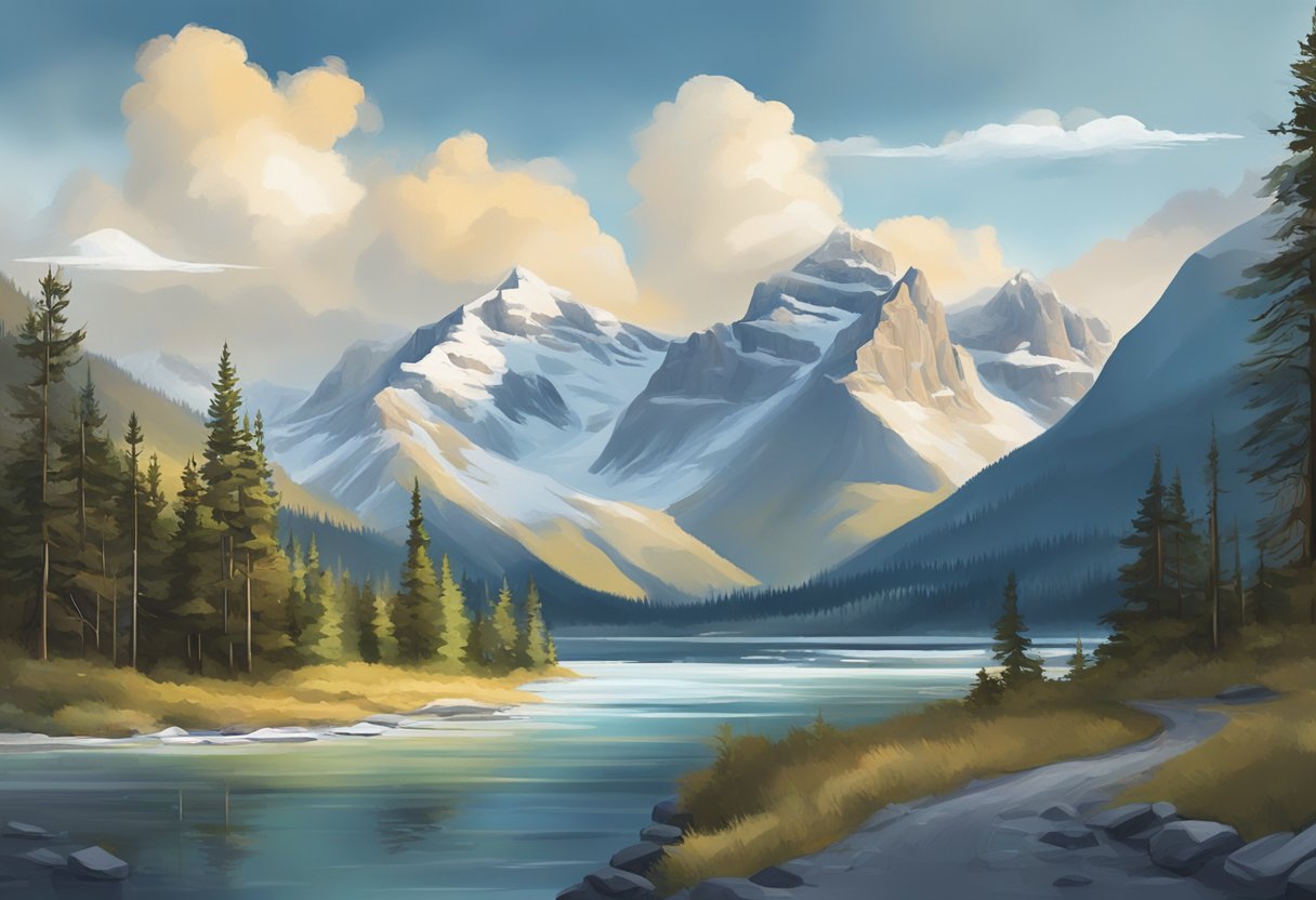 The scene depicts the changing weather patterns in Banff, with mountains in the background and a focus on the natural landscape