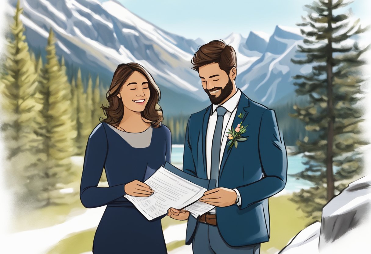 A couple stands before a scenic backdrop in Banff, surrounded by legal documents and a list of top 20 questions related to elopement requirements for Ontario