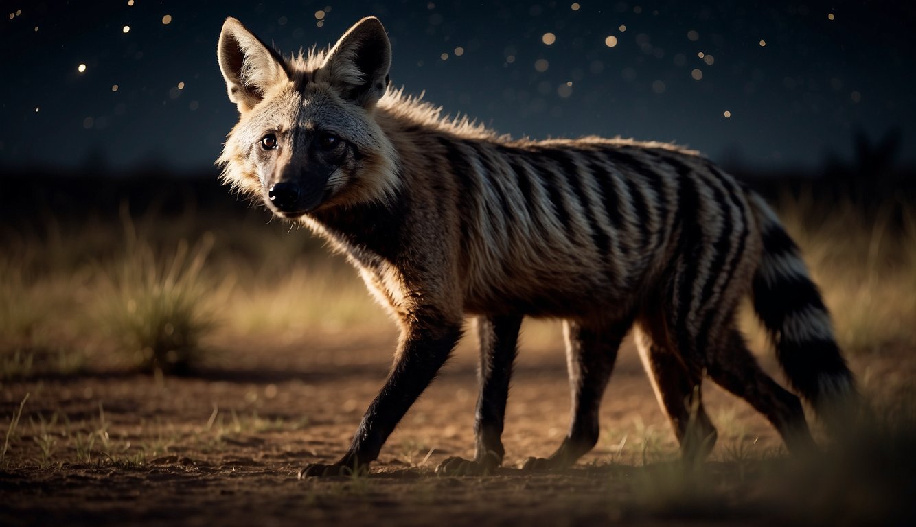 Aardwolf prowls savanna, snout to ground, hunting termites in moonlit night.

Acacia trees cast long shadows as stars twinkle above