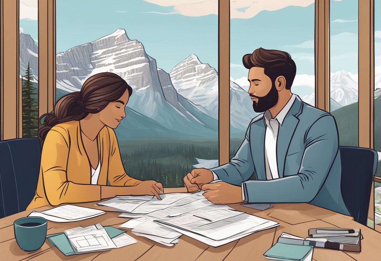 A couple sits at a table with a stunning mountain view, surrounded by wedding planning materials. They discuss budgeting for their elopement in Banff, Ontario