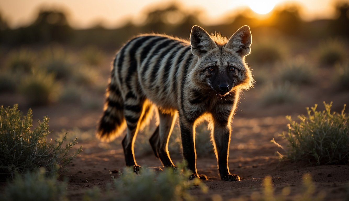 The aardwolf prowls the African savannah at dusk, sniffing out termites with its long, sticky tongue.

It digs into the ground, feasting on the insects as the sun sets behind the acacia trees